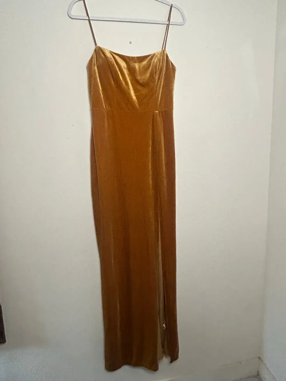Jenny Yoo Logan Velvet Maxi Dress Marigold Gold Square Neck Slit Size 4